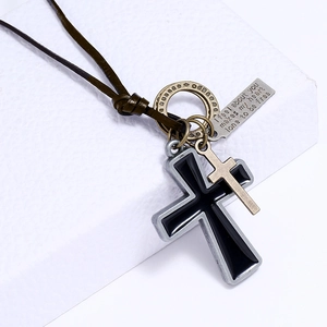 Retro double cross pendant necklace for men with black enamel and leather cord