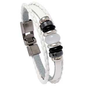 Vintage White Cowhide Leather Woven Bracelet Multi-layer Beaded Wristband Metallic Beads Artificial Stone For Women Men Jewelry