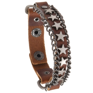 Punk Vintage Men Cowhide Leather Bracelet Alloy Star Studded Metal Chain Rock Biker Fashion Jewelry Adjustable Wristband