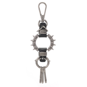 Punk style keychain with black leather, silver metal spikes and three small hanging hooks