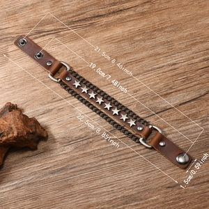 Punk vintage brown cowhide leather bracelet with star studs and chain detail sizing