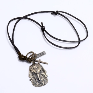 Collier rétro avec masque de pharaon égyptien, croix et cordon réglable en cuir noir