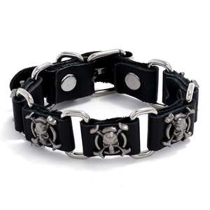 Punk Men Black Leather Bracelet With Silver Alloy Skull Crossbones Charms Gothic Rock Adjustable Wristband Jewelry Gift