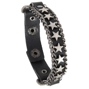 Punk black leather bracelet featuring silver star studs and chain detail on white background