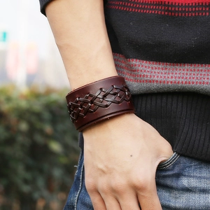 Men's retro wide woven brown leather bracelet in a vintage punk style for outdoor wear