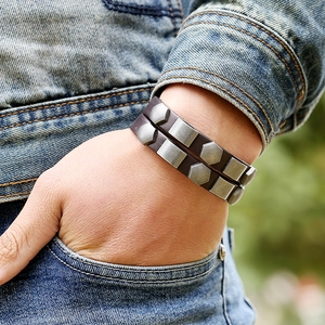 Men's punk style double-layer dark brown leather bracelet with silver metal studs