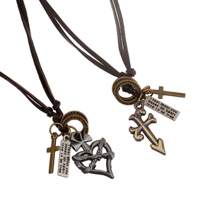 Vintage Leather Cross Heart Pendant Necklace For Men Women Retro Alloy Cowhide Long Rope Adjustable Punk Jewelry Gift