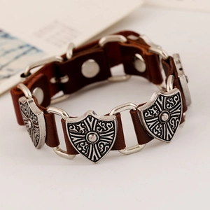 Vintage punk leather bracelet with embossed shield charms and silver alloy buckles