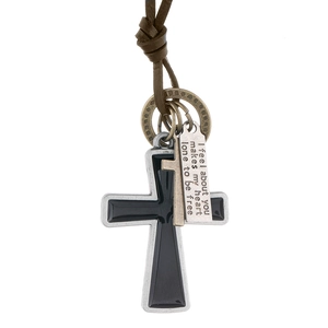 Vintage Punk Men Genuine Leather Cross Pendant Necklace Alloy Black Enamel Engraved Tag Gothic Rock Jewelry For Men