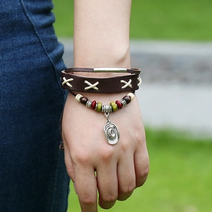 Retro multi-layer leather beaded bracelet with cowboy hat pendant and colorful wooden beads