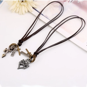 Vintage leather cord necklace with engraved heart wings and cross pendant for men