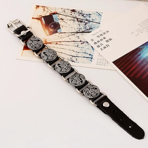Men's retro punk leather bracelet with five silver embossed floral metal charms and buckle