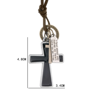 Men vintage long leather necklace with black enamel cross and engraved metal tag