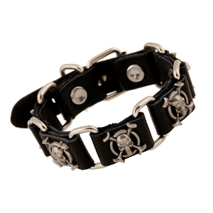 Punk style black leather bracelet for men featuring silver skull metal charms and rings