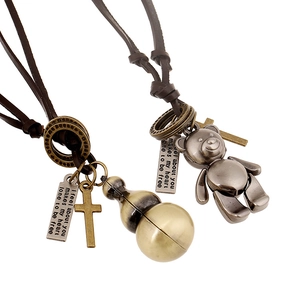 Vintage Alloy Gourd Bear Pendant Leather Necklace For Men Punk Industrial Adjustable Long Leather Cord Necklace Jewelry Gift