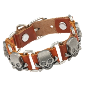 Punk style brown leather skull bracelet with metal buckle for men's street fashion