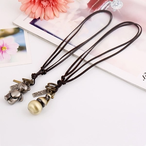 Retro bronze alloy bear and gourd pendants on dark brown leather necklaces for men
