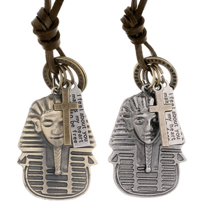 Collier Pendentif Pharaon Égyptien Vintage pour Hommes Croix en Alliage Plaque Gravée Cordon en Cuir Rétro Punk Bijoux