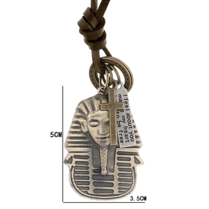 Pendentif Pharaon égyptien vintage sur collier en cuir marron avec petite croix