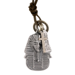 Collier vintage en cuir avec pendentif pharaon Toutânkhamon, croix et plaque gravée