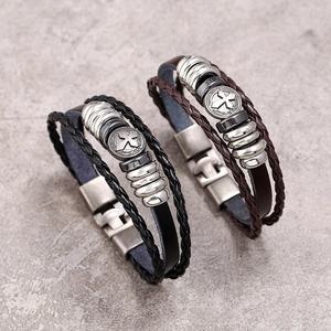 Retro multi-layer braided leather bracelet with cross charms and magnetic metal clasp
