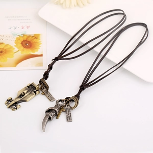 Retro punk leather necklaces set featuring bronze F1 race car and engraved tag pendants