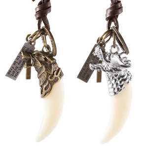Collier Pendentif Tête de Loup et Dent de Dragon Punk Rétro pour Hommes Chaîne en Corde de Cuir Alliage Croix Bijoux