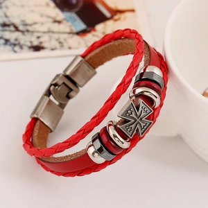 Punk multi-layer red braided leather bracelet with vintage silver cross star pendant