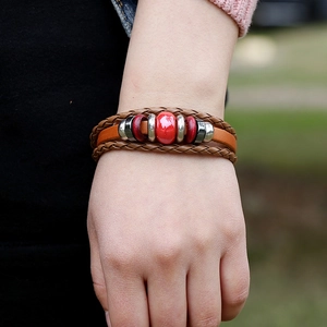 Handmade multilayer leather bracelet with red glazed bead and retro punk style for men women