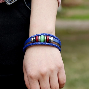 Blue multilayer braided leather bracelet for men and women with colorful wood beads