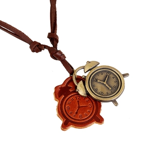 Vintage Punk Men Genuine Leather Necklace Alloy Alarm Clock Pendant Adjustable Cowhide Cord Retro Style Neck Jewelry Gift
