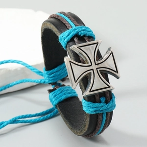 Handcrafted multilayer leather bracelet with silver cross pendant and blue woven accents