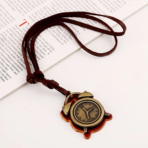 Retro punk leather necklace for men with bronze alarm clock pendant and leather base