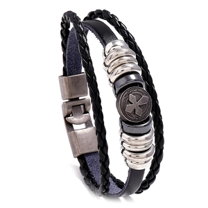 Retro Men Multilayer Leather Braided Bracelet Cross Alloy Charm Punk Woven Wristband Jewelry Handmade Men Bracelet Gift