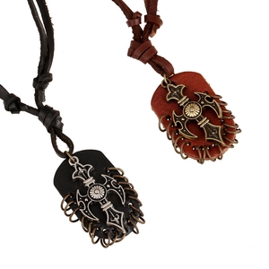Vintage Punk Cross Pendant Necklace For Men Retro Cowhide Leather Alloy Gothic Jewelry Adjustable Rope Chain Gift