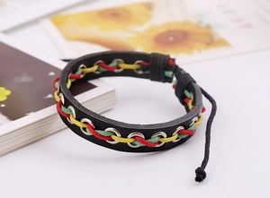 Détail du bracelet en cuir tressé avec cordon rouge, jaune, vert et œillets métalliques