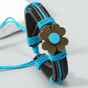 Bracelet tressé en cuir avec fleur bleue de style bohème rétro pour hommes et femmes
