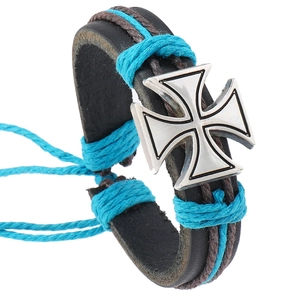 Vintage Handmade Woven Leather Bracelet For Men Retro Punk Alloy Cross Charm Adjustable Cord Cowhide Wristband Fashion Jewelry Gift