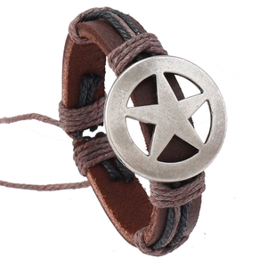 Vintage Punk Braided Cowhide Leather Bracelet Handmade Alloy Star Charm Adjustable Ethnic Bangle For Men Women Jewelry