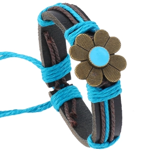 Bracelet en Cuir de Vachette Tressé à la Main pour Hommes Femmes Vintage Bohème Fleur Bleue Charme en Alliage Ajustable Bijoux