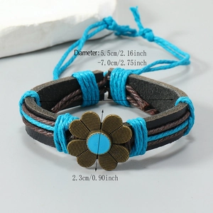 Bracelet tressé en cuir fait main avec fleur en bronze vintage et cordon bleu