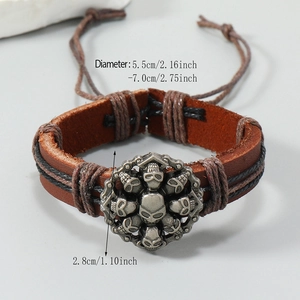 Bracelet rétro en cuir marron avec breloque crâne argentée et cordon ajustable