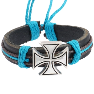 Men's vintage cross leather bracelet with blue woven rope and adjustable closure