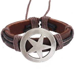 Handmade vintage leather bracelet with star metal charm and adjustable woven cord