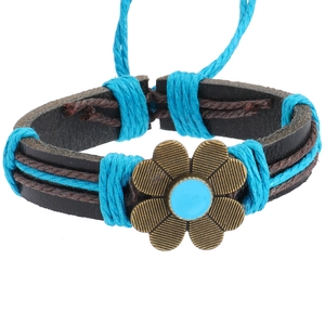 Bracelet en cuir à fleur bleue avec cordons tressés main et breloque tournesol