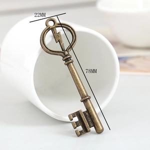 Detailed macro view of retro bronze lightning bolt key pendant with 78mm x 22mm measurements