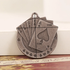 Detail shot showing 41mm antique bronze poker royal flush pendant dimensions and texture