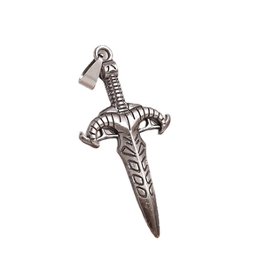 Vintage silver dagger pendant with gothic carvings and goat horn hilt for DIY necklace