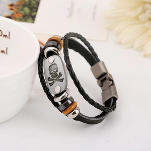 Men's punk multilayer leather bracelet with silver skull charm and wooden beads