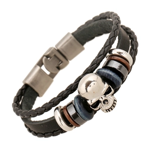 Multilayer black leather punk bracelet with silver skull charm and colorful beads decoration